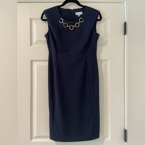 Calvin Klein Classic Navy Blue Dress with Beautiful Gold Chain at Neckline Sz 6